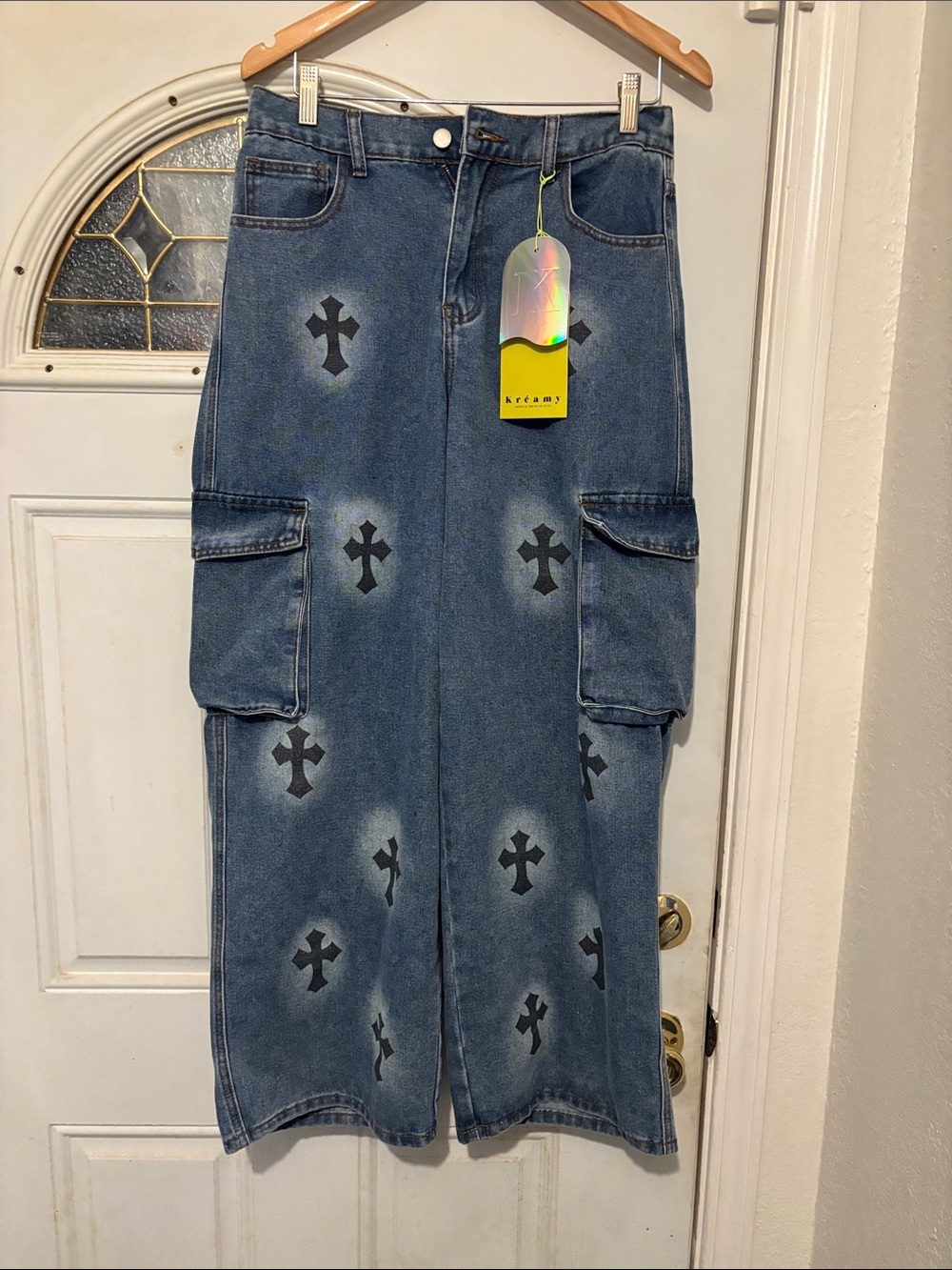Relaxed Blue Cargo Denim Jeans with Cross Print